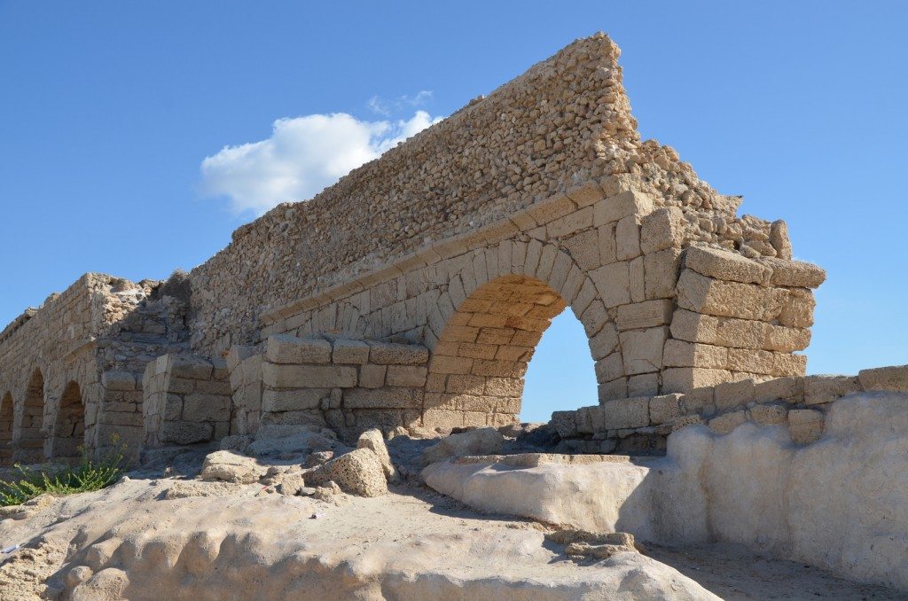 A portion of the high level aqueduct of Caesarea showing the two stages of construction (Herod & Hadrian), Caesarea Maritima, Israel