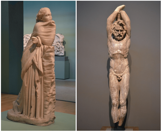 Statue of a Muse (Polyhymnia?) & 2nd c. AD statue in red marble of Marsyas, a satyr who dared challenge Apollo to a music contest, Centrale Montemartini, Rome museum. Photo © Carole Raddato.