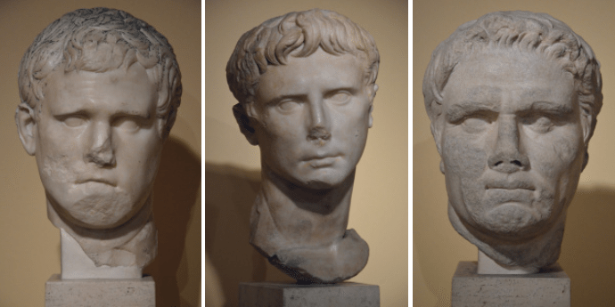 Portrait of Marcus Vispanius Agrippa, Augustus and of a a political personality (possibly Mark Antony), Centrale Montemartini, Rome museum. Photo © Carole Raddato. 