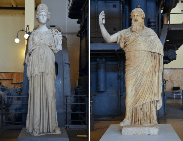 Statue of the so-called Athena of Castro Pretorio, Hellenistic statue (mid 3rd century BC) based on 6th century BC models, from the Via Mentena & Statue of bearded Dionysus, copy after Greek original of the 2nd half of 4th century BC, Centrale Montemartini, Rome museum. Photo © Carole Raddato.