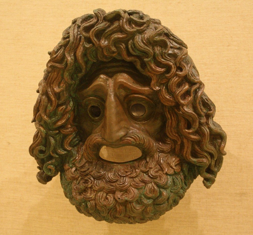 A votive offering in a the form of a larger-than-life bronze tragedy theatre mask. Possibly by Silanion, 4th century BCE. 