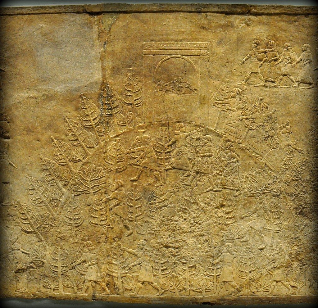 Assyrian Lion. This alabaster bas-relief depicts Assyrians climbing a hill. People seem to rush up a wooden knoll, either in fright to get a better view. The hill is crowned by a building, monument, or stela which is decorated with another picture of the royal hunt scene. From Room C of the North Palace, Nineveh (modern-day Kouyunjik, Mosul Governorate), Mesopotamia, Iraq. Circa 645-535 BCE. The British Museum, London. Photo©Osama S.M. Amin.