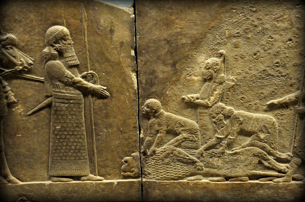 Alabaster bas-relief showing Asurbanipal on foot before dead lions. This register continuation of the above scene. The king has coped with the emergency and killed the 2 lions. Some of the royal attendants exclaim at the size of the dead lions. The king and his 2 horses survived! From Room S of the North Palace, Nineveh (modern-day Kouyunjik, Mosul Governorate), Mesopotamia, Iraq. Circa 645-535 BCE. The British Museum, London. Photo©Osama S.M. Amin.