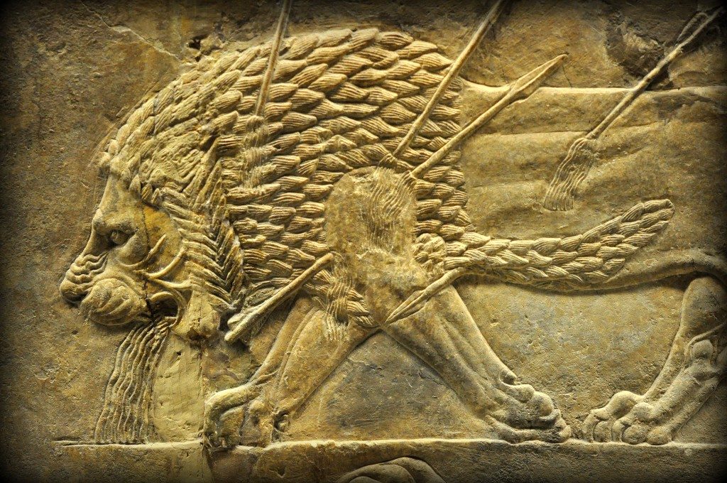 Assyrian Lion. Alabaster bas-relief depicting a dying lion. He has been hit by 4 arrows; blood gushes from the entry and exit points of the arrows. One of the arrows has passed through the left shoulder; note the limping of the left foreleg. The lion also appears to vomits blood! From Room C of the North Palace, Nineveh (modern-day Kouyunjik, Mosul Governorate), Mesopotamia, Iraq. Circa 645-535 BCE. The British Museum, London. Photo©Osama S.M. Amin.