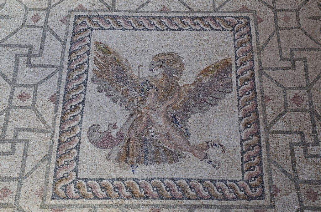 The Rape of Ganymede mosaic in the House of Dionysus, the god Zeus having transformed into an eagle carries Ganymede away, late 2nd / early 3rd century AD, Paphos Archaeological Park