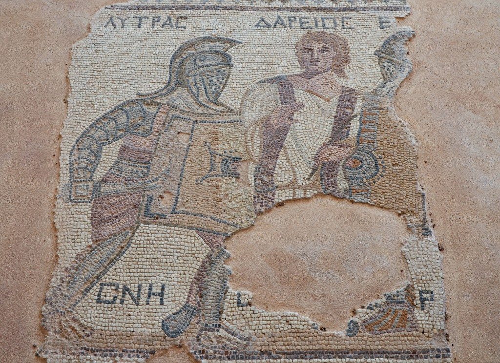 Mosaic depicting gladiators being separated by a referee, late-3rd century AD, House of the Gladiators, Kourion