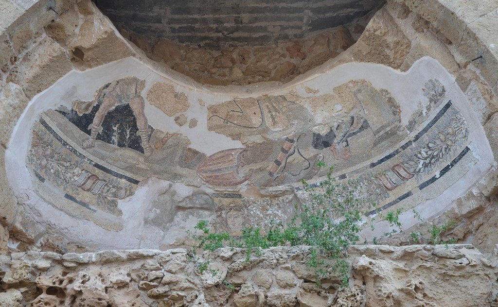 Niche in one of the room of the bath complex decorated with polychrome wall-mosaics depicting Apolllo (in the centre) and Artemis (left) slaying the Niobids, end of 3rd century AD, Salamis