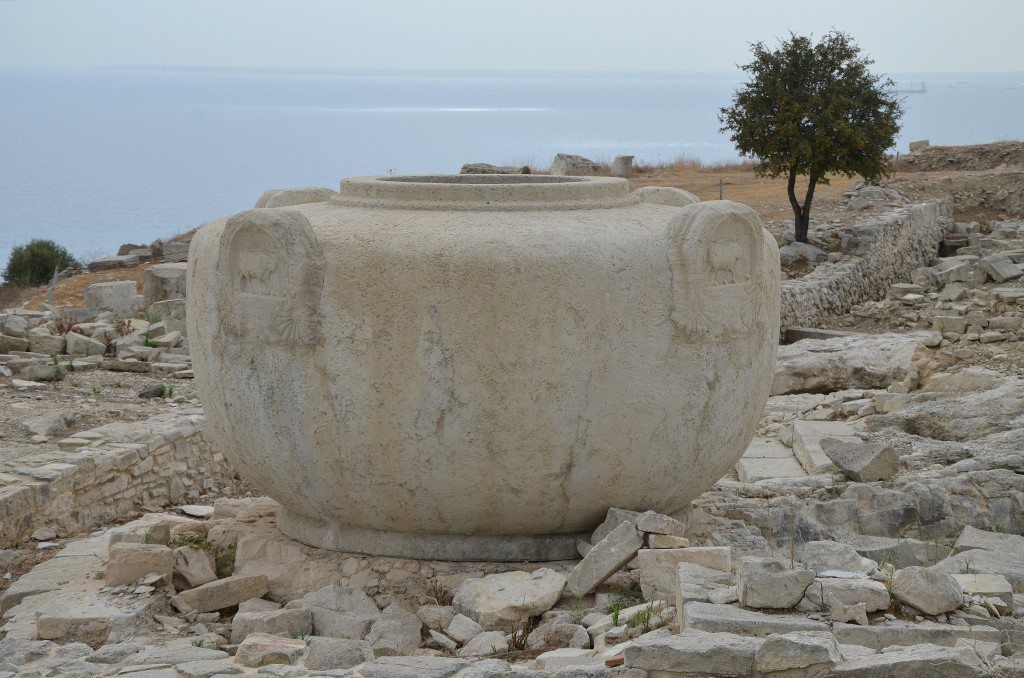 Copy of one of the monumental vases used as water containers for the religious rituals, Acropolis and the Temple of Aphrodite dating approximately to the 1st century BC, Amathous