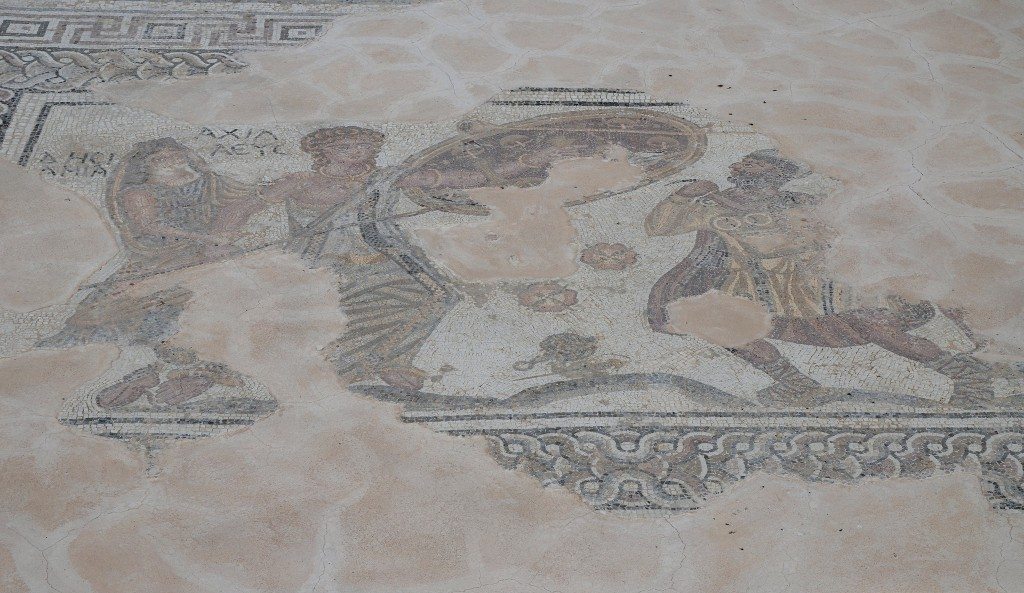 Mosaic floor depicting the unmasking of Achilles by Odysseus on the island of Skyros, 4th century AD, Kourion