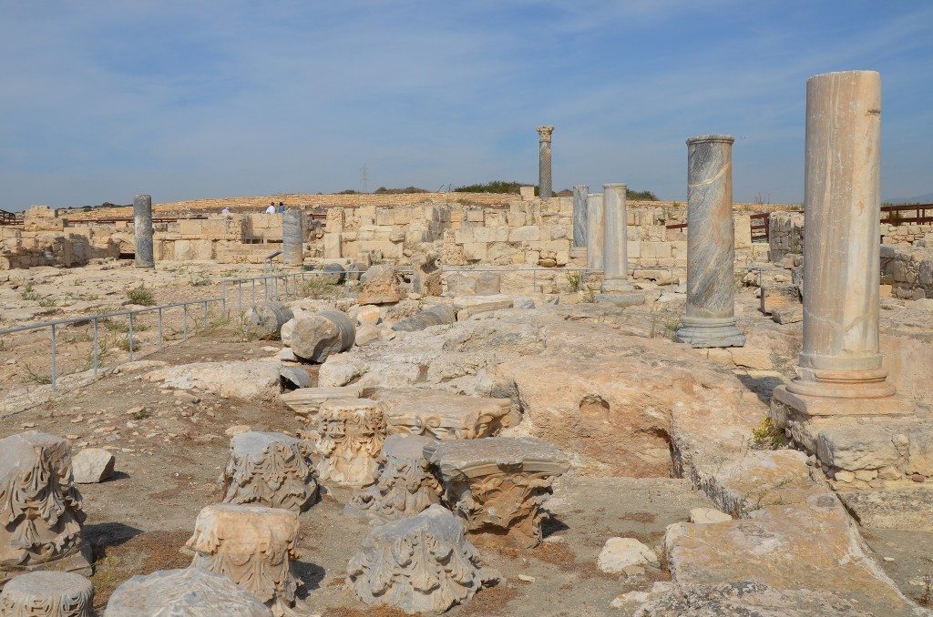The remains of the portico of the Roman Forum with unfluted columns and Corinthian capitals dating to the Severan era (193-235 AD), Kourion