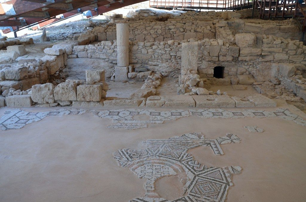 Mosaic with a welcoming inscription graces the entrance with the phrase: “Enter for the good luck of the house”, House of Eustolios, Kourion