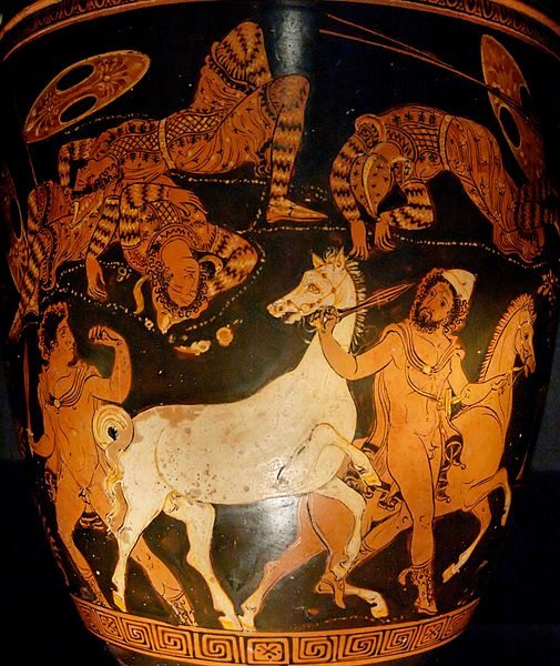 divinities: Diomedes (left) and Odysseus steal the horses of Rhesos. Lycurgus Painter [Public domain], via Wikimedia Commons.
