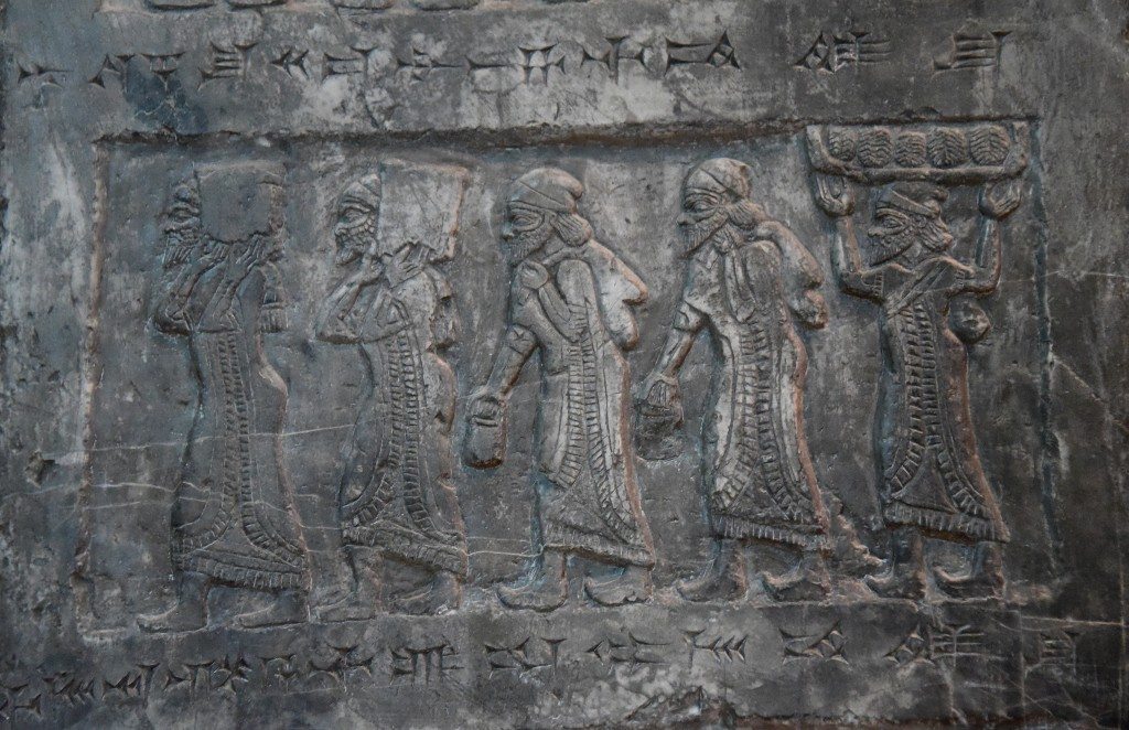 Side D: There are 5 tribute-bearers from Israel holding silver, gold, a gold bowl, a gold tureen, gold vessels, gold pails (and) tin. Photo © Osama S. M. Amin. Black Obelisk of Shalmaneser III.