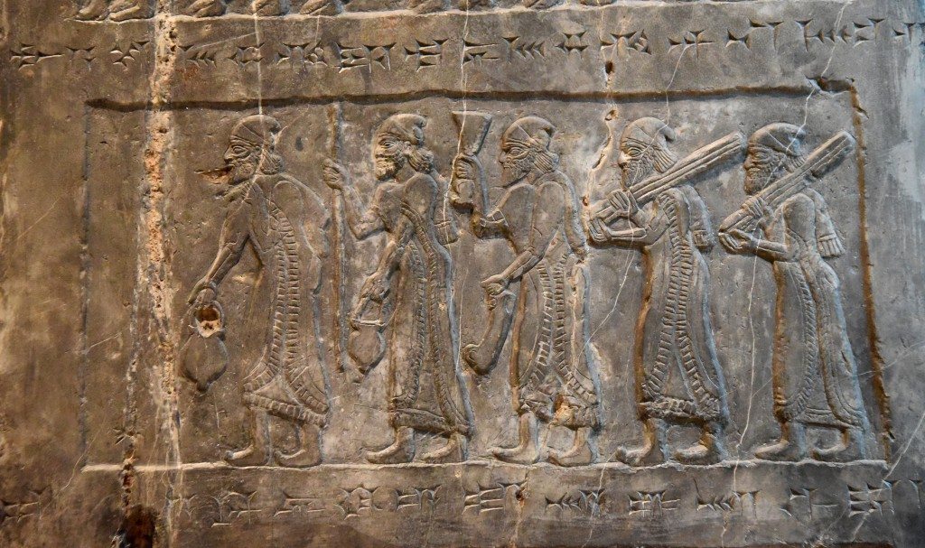 Side C: There are 5 more tribute-bearers from Israel bringing a gold bowl, a golden tureen, gold vessels, gold pails, tin, the “staffs of the king's hand” (and) spears. Photo © Osama S. M. Amin. Black Obelisk of Shalmaneser III.