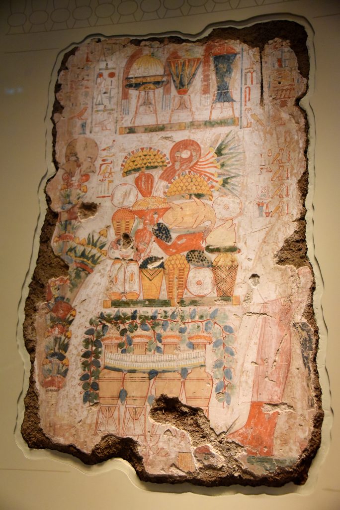 This was the most important scene in the tomb-chapel. It is painted in a formal style with white rather than cream backgorund to make it stand put. It shows a huge pile of lavish fodd before the dead Nebamun and his wife (now lost), with wine and ornate perfume jars. Their son, Netjermes (now lost) offers them a tall banquet of papyrus and flowers, symbolic of the annual vestival of the god Amun, when relatives came to visit the dead. The hierglyphic capttion contains funerary prayers and a list of offerings. The British Museum, London. Photo © Osama S. M. Amin. Photo © Osama S. M. Amin. 