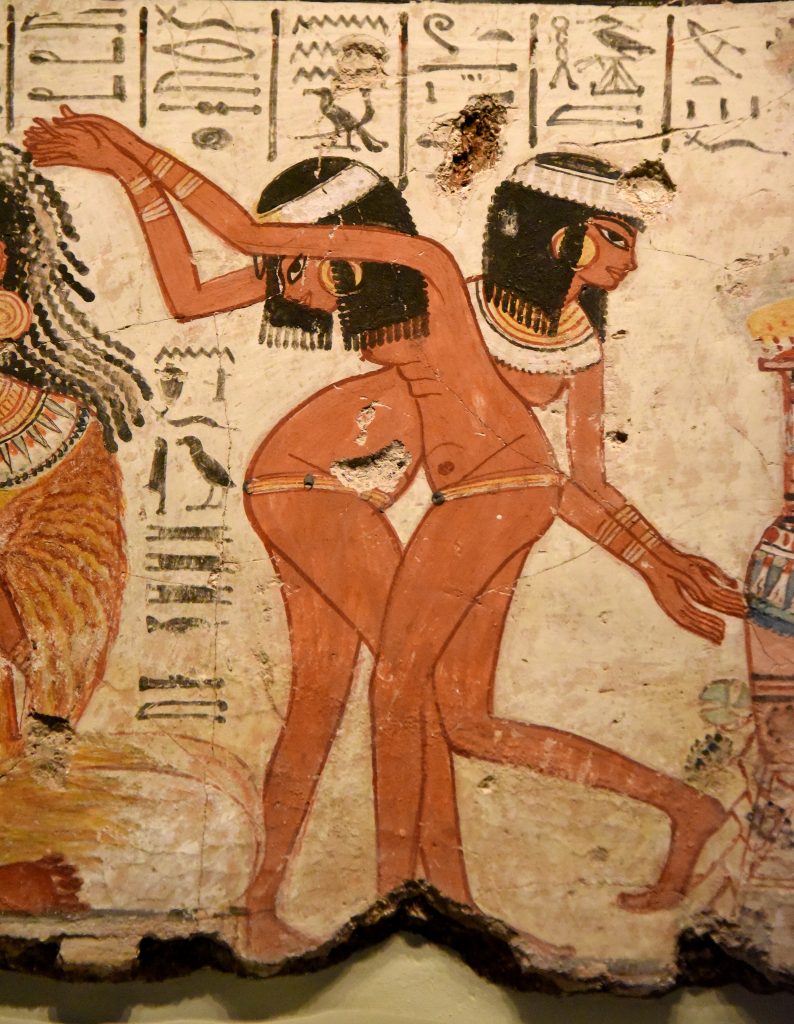 The young dancers are fluidly drawn and are naked apart from jewellery. Photo © Osama S. M. Amin. Nebamun tomb-chapel.