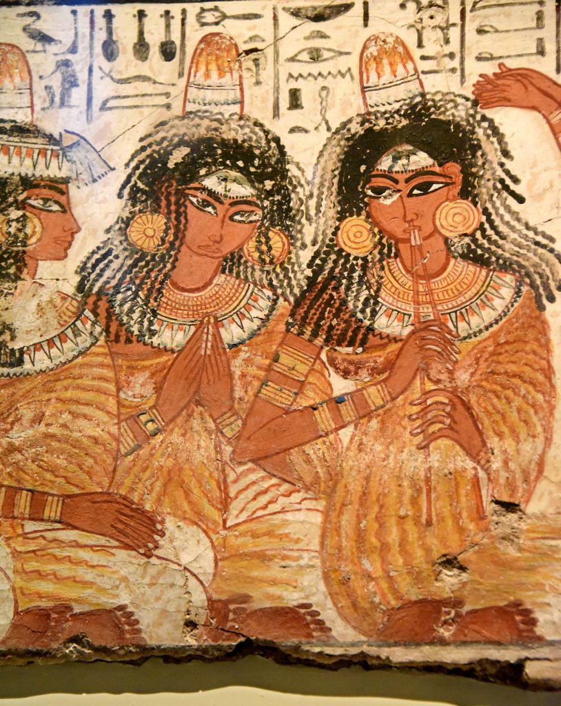Some of the musicians look out of the painings showing their dfaces full on. This is very unusual in Egyptian art and gives the sens of liveliness to these lower class women who are less formally drawn than the wealthy guests. The young dancers are fluidly drawn and are naked apart from jewllery. The British Museum, London. Photo © Osama S. M. Amin. Photo © Osama S. M. Amin. Nebamun tomb-chapel.