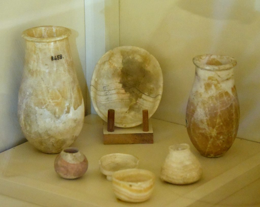 A group of marble bowls and jars. From Mesopotamia, modern-day Iraq; precise provenance of excavation is unknown. Samara period, circa 5000 BCE. Erbil Civilization Museum, Iraqi Kurdistan. Photo © Osama S. M. Amin.