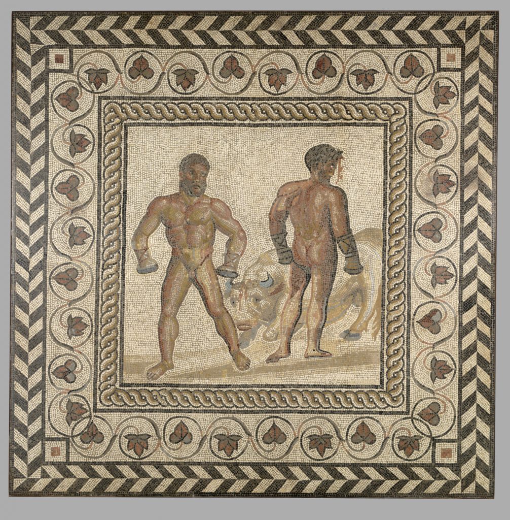 Combat between Dares and Entellus. Gallo-Roman, from Villelaure, France, A.D. 175 – 200. Stone and glass. 81 7/8 x 81 7/8 in. The J. Paul Getty Museum, Villa Collection, Malibu, California.
