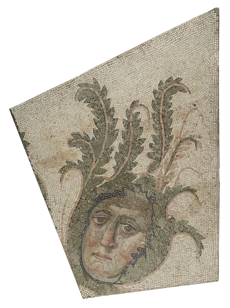 Mosaic Floor Panel, 4th century AD. Roman, Stone tesserae. H: 129.5 to 174 × W: 148 to 87.6 × D: 9.5 cm (51 to 68 1/2 × 58 1/4 to 34 1/2 × 3 3/4 in.). The J. Paul Getty Museum, Villa Collection, Malibu, California.