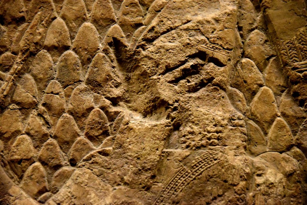 Sennacherib's head was deliberately damaged by an enemy soldier after the fall of Nineveh in 612 BCE; this is the only figure among all figures depicted on the Lachish's reliefs who was vandalized. Note that the head cap had received 5 hits by a sharp object while the King's face was slashed by a large thrust; the latter had virtually erased the King's eyes, nose, and mouth. From Nineveh (modern-day Mosul Governorate, Iraq), Room XXXVI of the South-West Palace, panels 11-13. The British Museum, London. Photo © Osama S. M. Amin.