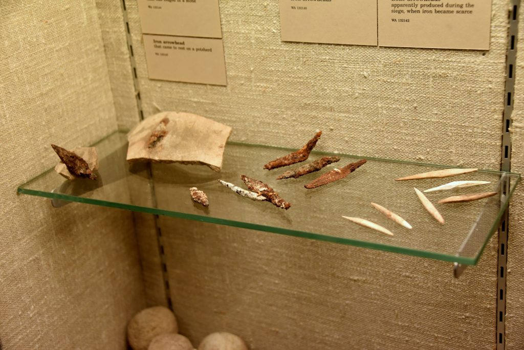 Arrowheads found at Lachish. There are 6 iron arrowheads and 6 "bone" arrowheads; the latter were produced during the siege, when iron became scarce. There some incrustation and discoloration of these bony arrowheads. The British Museum, London. Photo Osama S. M. Amin. 