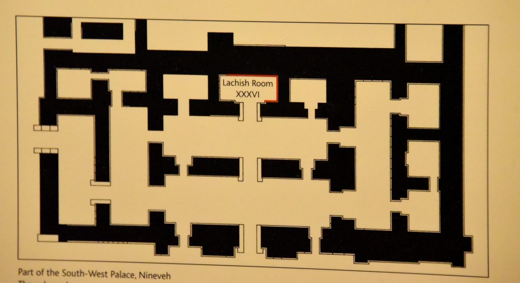 Plan of the South-West Palace of Sennacherib at Nineveh. Room XXXVI was labelled with red lines to show the original alighnment of the these wall releifs housed in the British Museum. The sketch/drawing belongs to the British Museum. This photo is shot by and is © Osama S. M. Amin. 