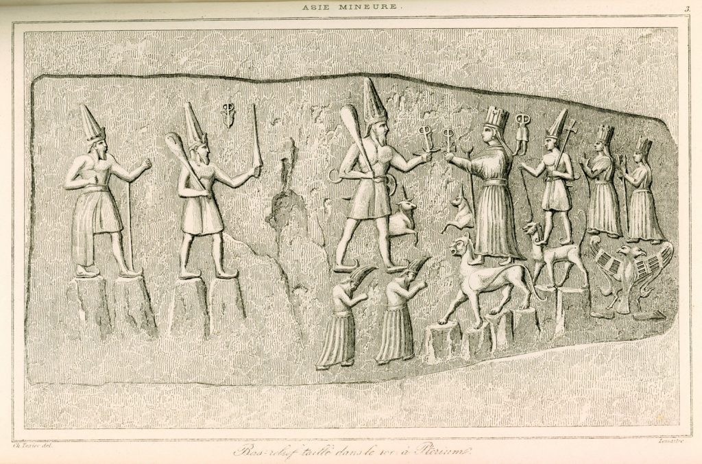 Engraving from a relief at Yazilikaya by French archaeologist Charles Texier (1882). Teshub stands on two deified mountains (depicted as men) alongside his wife Hepatu, who is standing on the back of a panther. Behind her, their son, their daughter and grandchild are respectively carried by a smaller panther and a double-headed eagle. Hittite